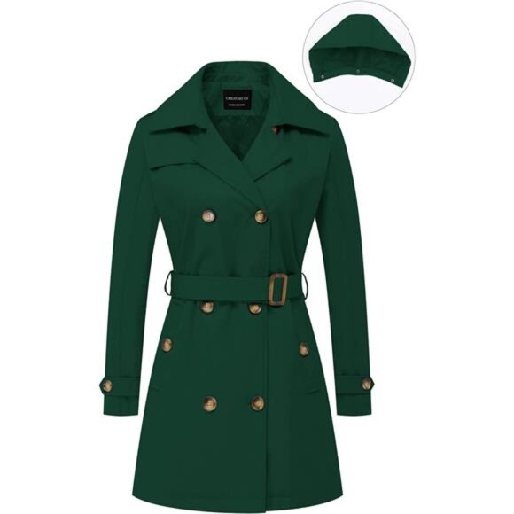 Women's Trench Coat Double-Breasted Classic Lapel Overcoat Belted - Picture 7 of 7